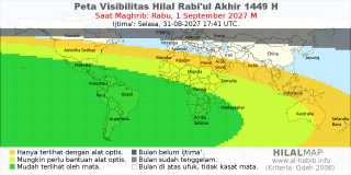 HilalMap: Peta Visibilitas Hilal Rabiul-Akhir 1449 H: rukyat tanggal 2027-9-1 M