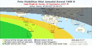 HilalMap: Peta Visibilitas Hilal Jumadal-Awwal 1449 H: rukyat tanggal 2027-9-30 M