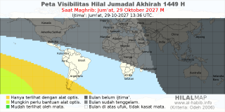 HilalMap: Peta Visibilitas Hilal Jumadal-Akhirah 1449 H: rukyat tanggal 2027-10-29 M