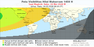 HilalMap: Peta Visibilitas Hilal Muharram 1450 H: rukyat tanggal 2028-5-24 M