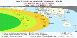 HilalMap: Peta Visibilitas Hilal Rabiul-Awwal 1450 H: rukyat tanggal 2028-7-22 M