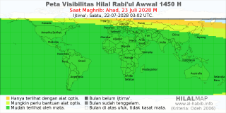 HilalMap: Peta Visibilitas Hilal Rabiul-Awwal 1450 H: rukyat tanggal 2028-7-23 M