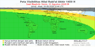 HilalMap: Peta Visibilitas Hilal Rabiul-Akhir 1450 H: rukyat tanggal 2028-8-21 M