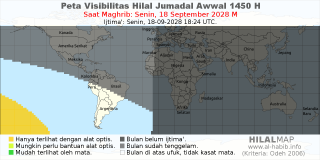 HilalMap: Peta Visibilitas Hilal Jumadal-Awwal 1450 H: rukyat tanggal 2028-9-18 M