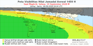 HilalMap: Peta Visibilitas Hilal Jumadal-Awwal 1450 H: rukyat tanggal 2028-9-19 M