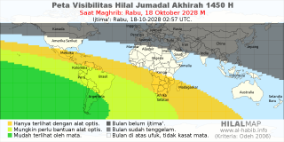 HilalMap: Peta Visibilitas Hilal Jumadal-Akhirah 1450 H: rukyat tanggal 2028-10-18 M