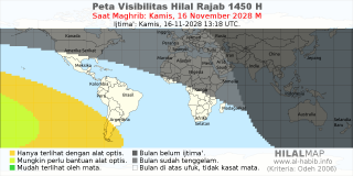 HilalMap: Peta Visibilitas Hilal Rajab 1450 H: rukyat tanggal 2028-11-16 M