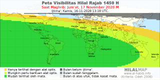 HilalMap: Peta Visibilitas Hilal Rajab 1450 H: rukyat tanggal 2028-11-17 M