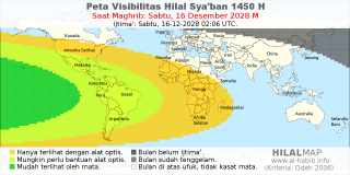 HilalMap: Peta Visibilitas Hilal Syaban 1450 H: rukyat tanggal 2028-12-16 M