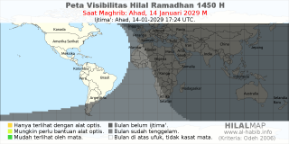 HilalMap: Peta Visibilitas Hilal Ramadhan 1450 H: rukyat tanggal 2029-1-14 M