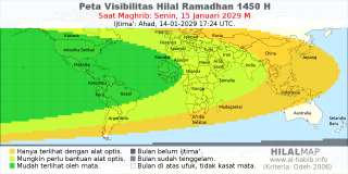 HilalMap: Peta Visibilitas Hilal Ramadhan 1450 H: rukyat tanggal 2029-1-15 M