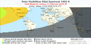 HilalMap: Peta Visibilitas Hilal Syawwal 1450 H: rukyat tanggal 2029-2-13 M