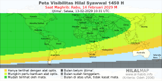 HilalMap: Peta Visibilitas Hilal Syawwal 1450 H: rukyat tanggal 2029-2-14 M
