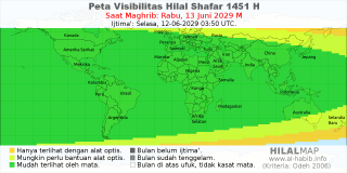 HilalMap: Peta Visibilitas Hilal Shafar 1451 H: rukyat tanggal 2029-6-13 M