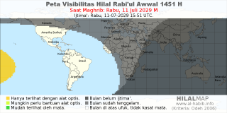 HilalMap: Peta Visibilitas Hilal Rabiul-Awwal 1451 H: rukyat tanggal 2029-7-11 M
