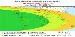 HilalMap: Peta Visibilitas Hilal Rabiul-Awwal 1451 H: rukyat tanggal 2029-7-12 M