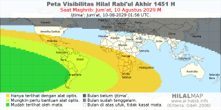 HilalMap: Peta Visibilitas Hilal Rabiul-Akhir 1451 H: rukyat tanggal 2029-8-10 M
