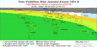 HilalMap: Peta Visibilitas Hilal Jumadal-Awwal 1451 H: rukyat tanggal 2029-9-9 M