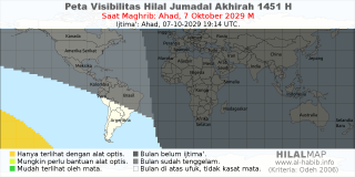 HilalMap: Peta Visibilitas Hilal Jumadal-Akhirah 1451 H: rukyat tanggal 2029-10-7 M