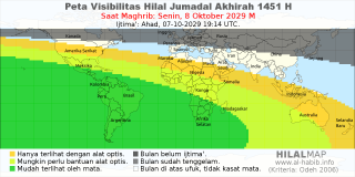 HilalMap: Peta Visibilitas Hilal Jumadal-Akhirah 1451 H: rukyat tanggal 2029-10-8 M