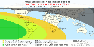 HilalMap: Peta Visibilitas Hilal Rajab 1451 H: rukyat tanggal 2029-11-6 M