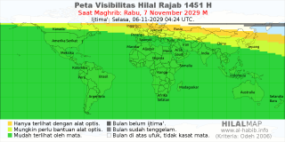 HilalMap: Peta Visibilitas Hilal Rajab 1451 H: rukyat tanggal 2029-11-7 M