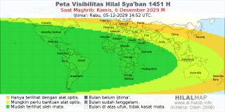 HilalMap: Peta Visibilitas Hilal Syaban 1451 H: rukyat tanggal 2029-12-6 M