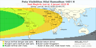 HilalMap: Peta Visibilitas Hilal Ramadhan 1451 H: rukyat tanggal 2030-1-4 M