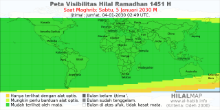 HilalMap: Peta Visibilitas Hilal Ramadhan 1451 H: rukyat tanggal 2030-1-5 M