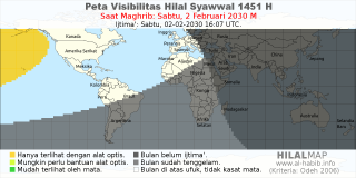 HilalMap: Peta Visibilitas Hilal Syawwal 1451 H: rukyat tanggal 2030-2-2 M