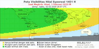 HilalMap: Peta Visibilitas Hilal Syawwal 1451 H: rukyat tanggal 2030-2-3 M