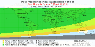 HilalMap: Peta Visibilitas Hilal Dzulqaidah 1451 H: rukyat tanggal 2030-3-5 M