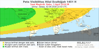 HilalMap: Peta Visibilitas Hilal Dzulhijjah 1451 H: rukyat tanggal 2030-4-3 M