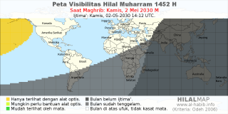 HilalMap: Peta Visibilitas Hilal Muharram 1452 H: rukyat tanggal 2030-5-2 M