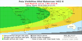 HilalMap: Peta Visibilitas Hilal Muharram 1452 H: rukyat tanggal 2030-5-3 M