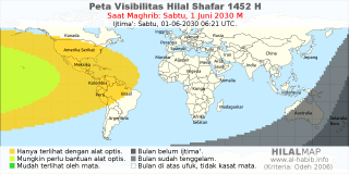 HilalMap: Peta Visibilitas Hilal Shafar 1452 H: rukyat tanggal 2030-6-1 M