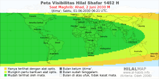 HilalMap: Peta Visibilitas Hilal Shafar 1452 H: rukyat tanggal 2030-6-2 M