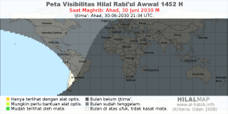 HilalMap: Peta Visibilitas Hilal Rabiul-Awwal 1452 H: rukyat tanggal 2030-6-30 M