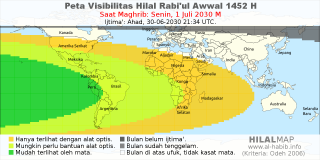 HilalMap: Peta Visibilitas Hilal Rabiul-Awwal 1452 H: rukyat tanggal 2030-7-1 M