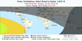 HilalMap: Peta Visibilitas Hilal Rabiul-Akhir 1452 H: rukyat tanggal 2030-7-30 M