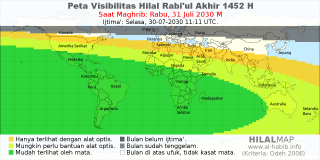 HilalMap: Peta Visibilitas Hilal Rabiul-Akhir 1452 H: rukyat tanggal 2030-7-31 M