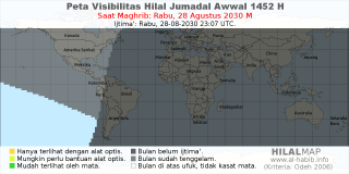 HilalMap: Peta Visibilitas Hilal Jumadal-Awwal 1452 H: rukyat tanggal 2030-8-28 M