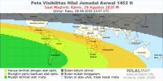 HilalMap: Peta Visibilitas Hilal Jumadal-Awwal 1452 H: rukyat tanggal 2030-8-29 M