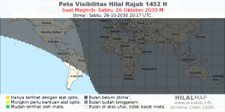 HilalMap: Peta Visibilitas Hilal Rajab 1452 H: rukyat tanggal 2030-10-26 M