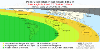 HilalMap: Peta Visibilitas Hilal Rajab 1452 H: rukyat tanggal 2030-10-27 M