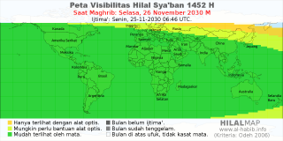 HilalMap: Peta Visibilitas Hilal Syaban 1452 H: rukyat tanggal 2030-11-26 M
