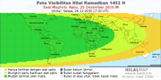 HilalMap: Peta Visibilitas Hilal Ramadhan 1452 H: rukyat tanggal 2030-12-25 M