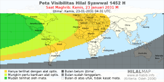 HilalMap: Peta Visibilitas Hilal Syawwal 1452 H: rukyat tanggal 2031-1-23 M