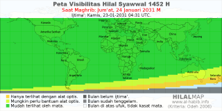 HilalMap: Peta Visibilitas Hilal Syawwal 1452 H: rukyat tanggal 2031-1-24 M