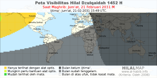 HilalMap: Peta Visibilitas Hilal Dzulqaidah 1452 H: rukyat tanggal 2031-2-21 M